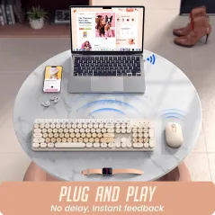 Clavier et Souris Sans Fil Silencieux 2.4G, Clavier Coloré Pleine Taille avec Touches Rondes, Souris Cute (Milk Tea)