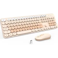 Wireless Keyboard & Mouse Combo, Silent Colorful Round Keycaps, 2.4G Milk Tea