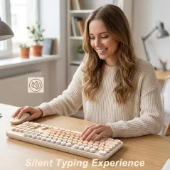 Wireless Keyboard & Mouse Combo, Silent Colorful Round Keycaps, 2.4G Milk Tea
