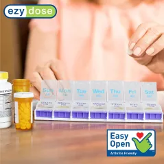 Organisateur de Pilules Hebdomadaire EZY DOSE, Boîte 7 Jours, Compartiments XL, Facile à Utiliser, Sans BPA