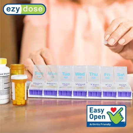Organisateur de Pilules Hebdomadaire EZY DOSE, Boîte 7 Jours, Compartiments XL, Facile à Utiliser, Sans BPA