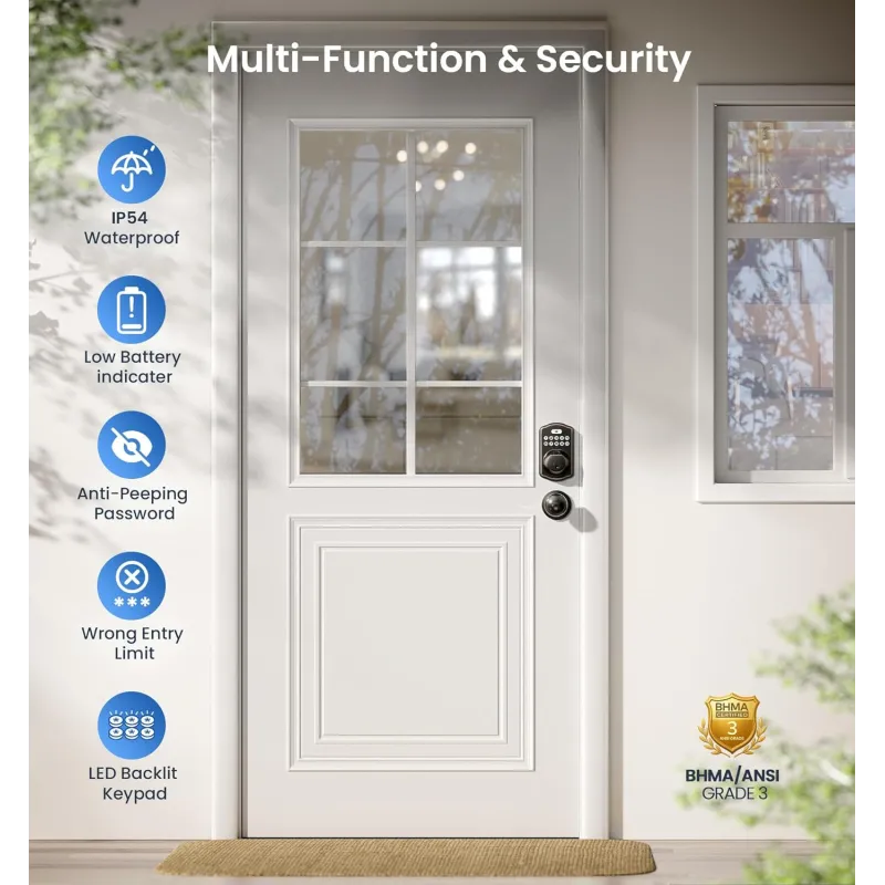 Veise Keyless Fingerprint Door Lock with Handle - Waterproof & Auto-Lock