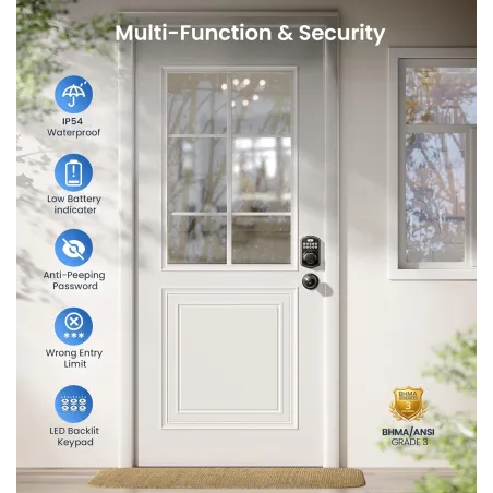Veise Keyless Fingerprint Door Lock with Handle - Waterproof & Auto-Lock