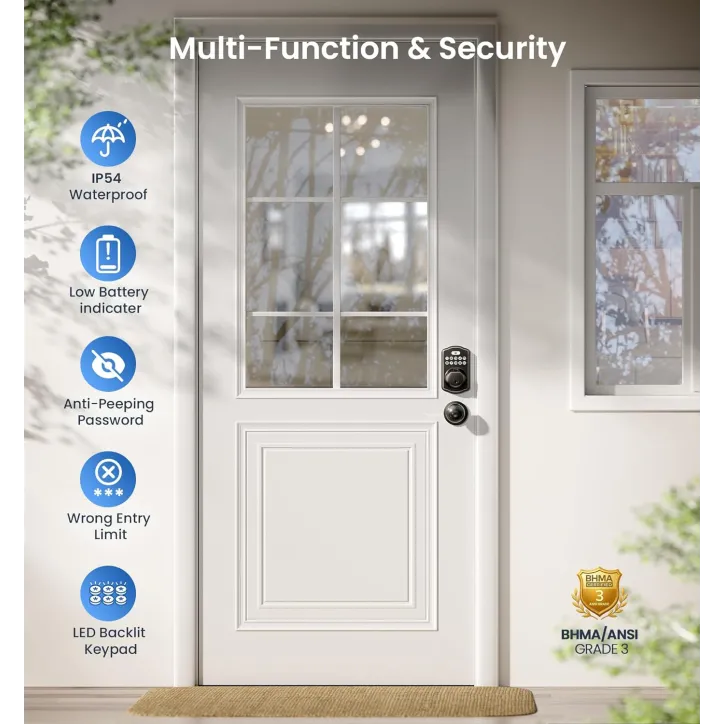 Veise Fingerprint Door Lock with 2 Knobs, Keyless Entry, Electronic Keypad, Auto-Locking, Waterproof, Oil-Rubbed Bronze