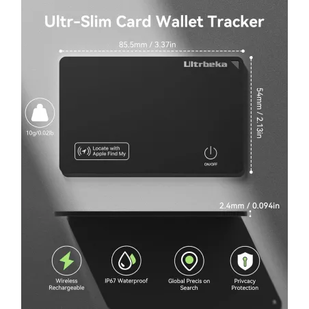 Ultrbeka Tracker Carte Ultra-Mince Rechargeable IP68 Étanche Bluetooth pour Portefeuille, Passeport - Apple Find My