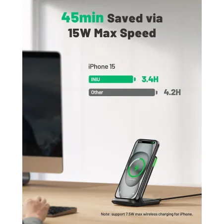 INIU 15W Fast Wireless Charger with Sleep-Friendly Light for iPhone & Samsung