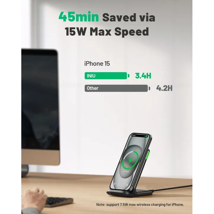 Chargeur Sans Fil INIU 15W Rapide avec Lumière Adaptative Compatible iPhone 17-12 Pro Max, Samsung, Google