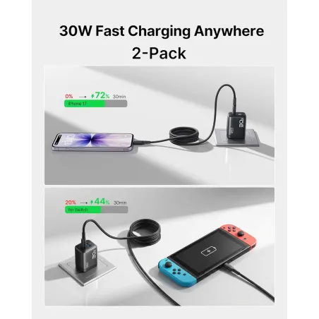 Chargeur USB-C INIU 30W GaN Rapide, Certifié ETL, Double Port + Câble Type-C 5ft [Lot de 2]