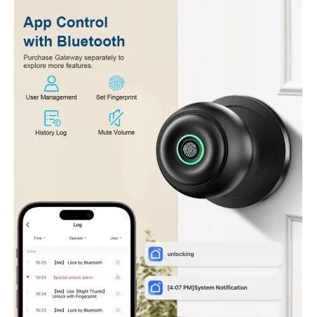 Smart Fingerprint Door Lock with App Control & Key – Matte Black