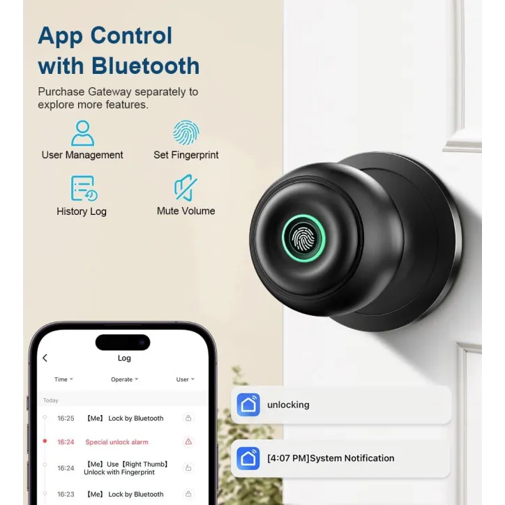 Serrure de porte à empreinte digitale, bouton biométrique smart avec contrôle app, entrée sans clé, noir mat