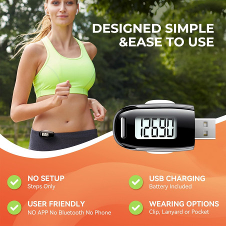 3D Pedometer with Clip & Strap | USB Rechargeable Step Counter