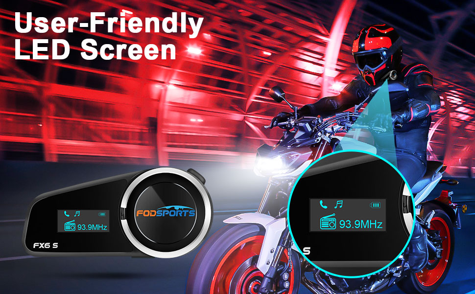 LED Screen 1000m 6-Way Interphone with FM Radio Bluetooth Motorcycle Headset Communicator Speakers